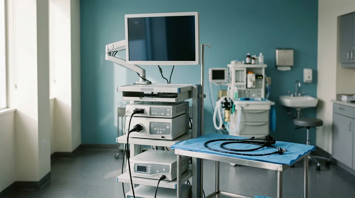 Salle d'endoscopie bronchique avec fibroscope sur champ stérile