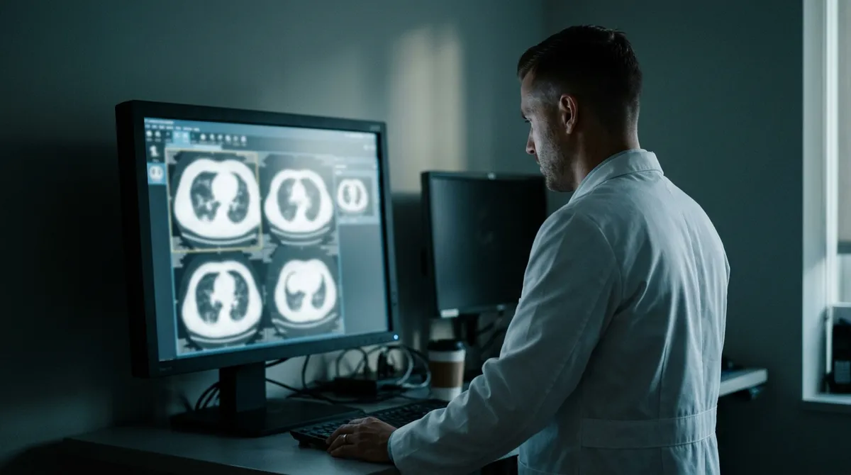 Médecin analysant des coupes de scanner thoracique sur écran